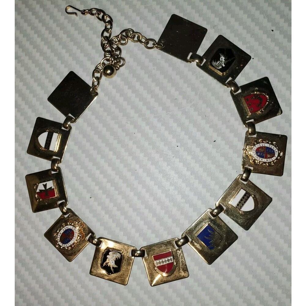 British Vintage Enamel & Gold Tone Medical Army And Other Crest Panel Necklace